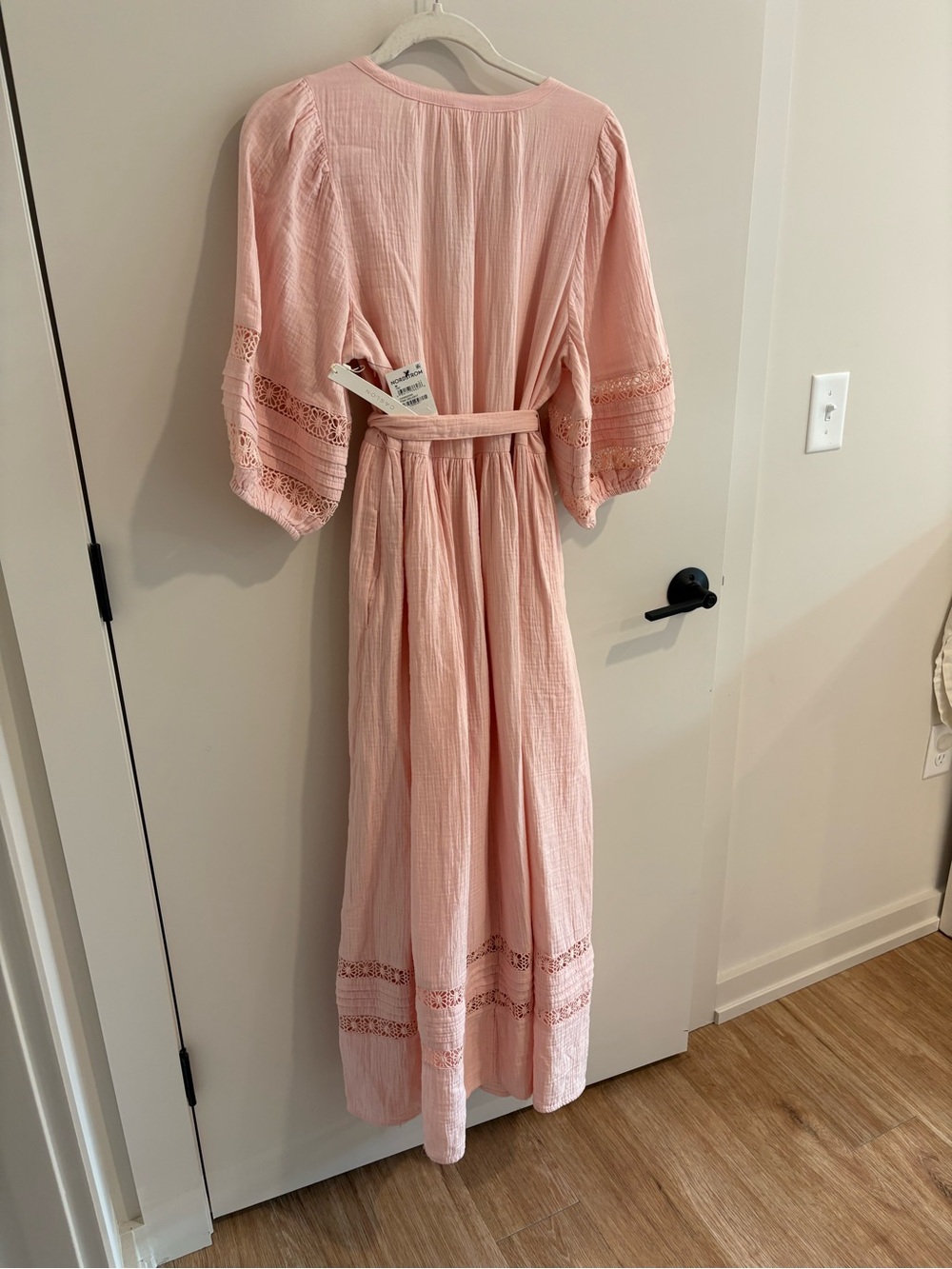 NWT Blush Pink Maxi Dress Puff Sleeve Boho Cottagecore Peasant Crochet Tie Waist - Picture 13 of 14